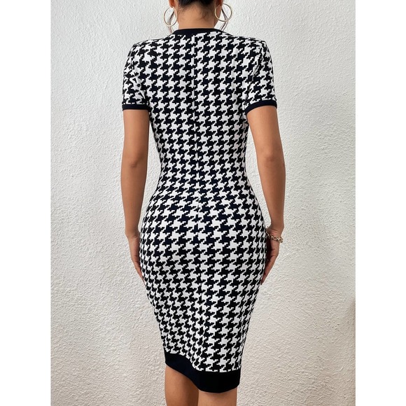 Plazacore Houndstooth Print Contrast Binding Bodycon midi Dress - Picture 2 of 5